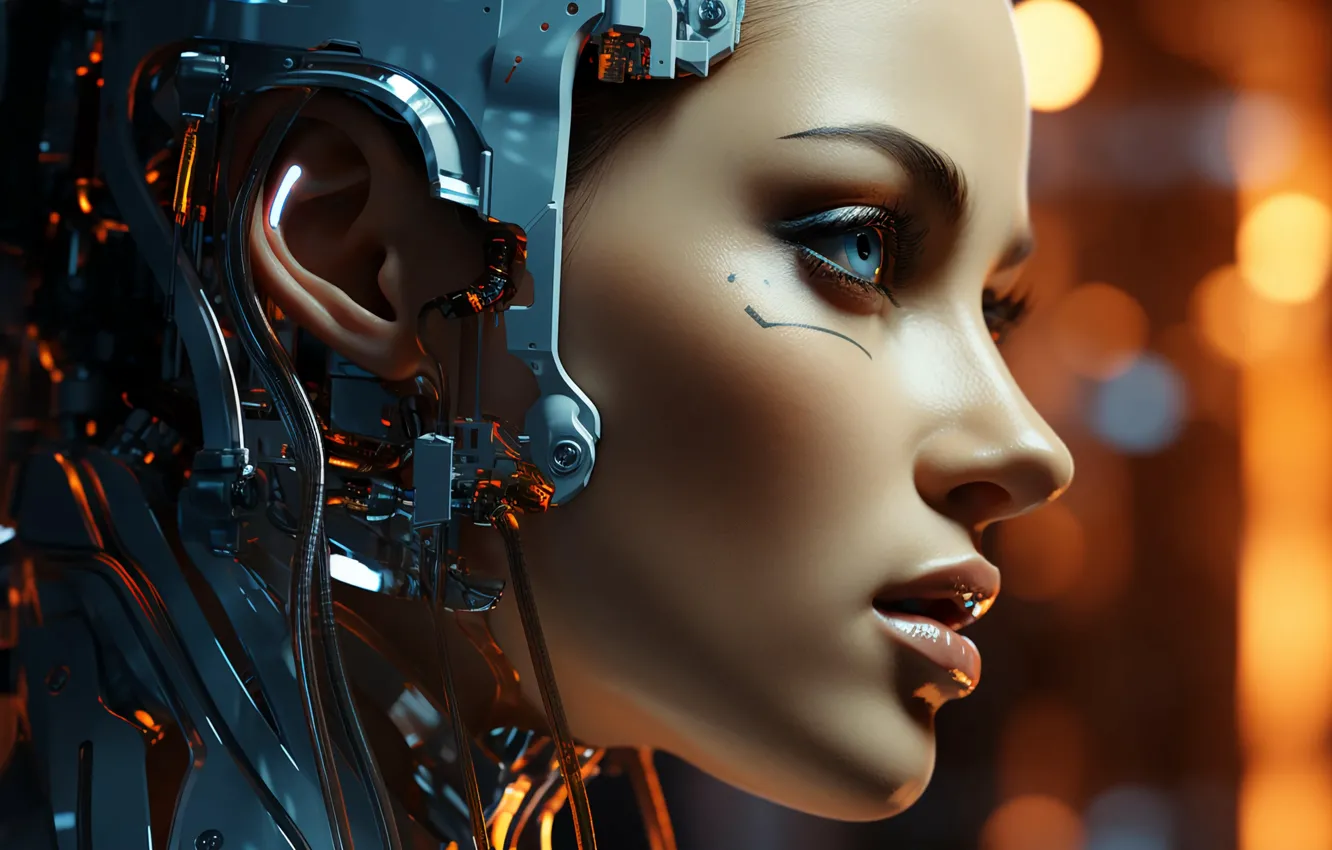 Photo wallpaper machine, face, wire, mechanism, robot, head, device, cyborg