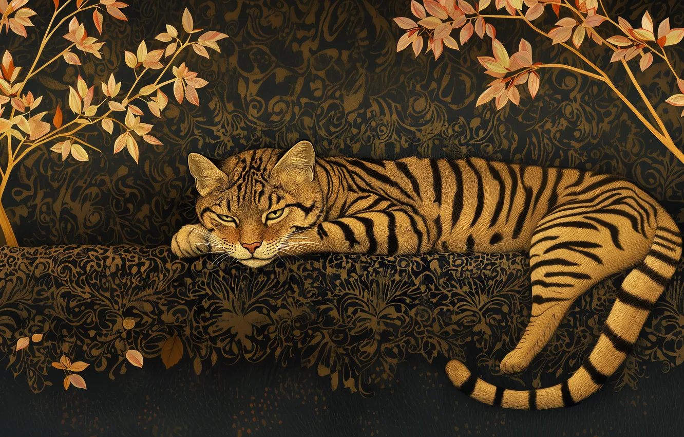 Photo wallpaper cat, cat, look, leaves, branches, pose, pattern, styling