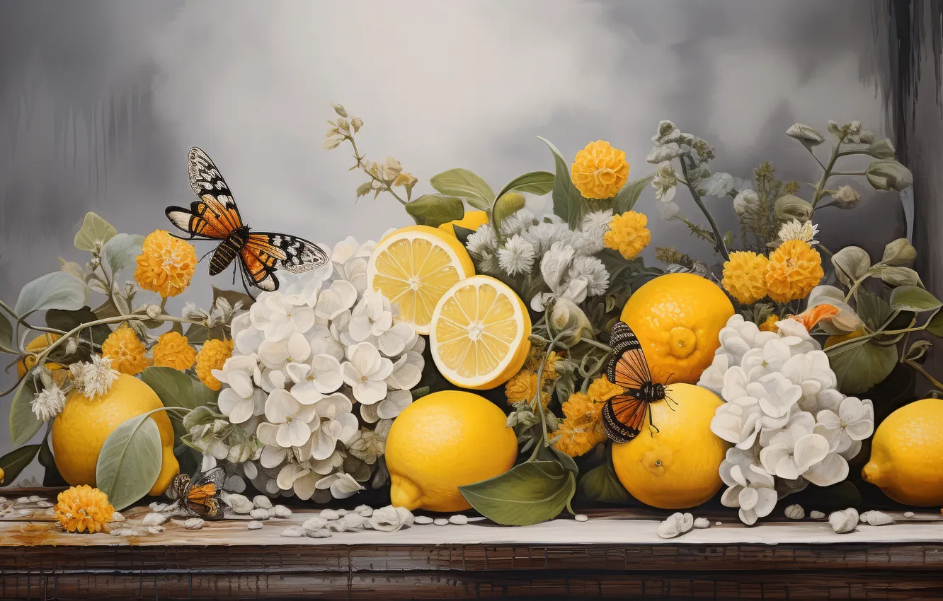 Photo wallpaper flowers, table, lemon, butterfly, bouquet, still life, AI art, neural network