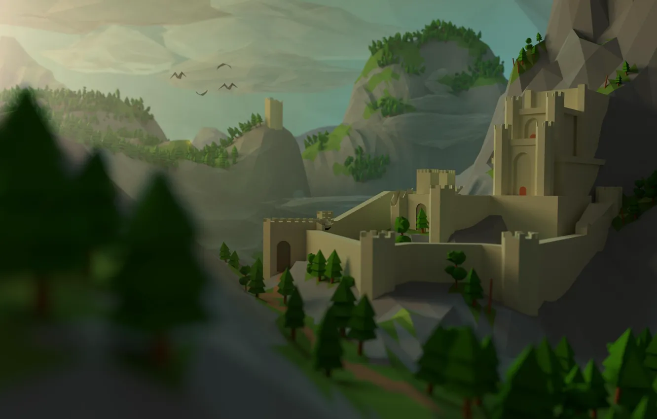 Photo wallpaper trees, castle, low poly