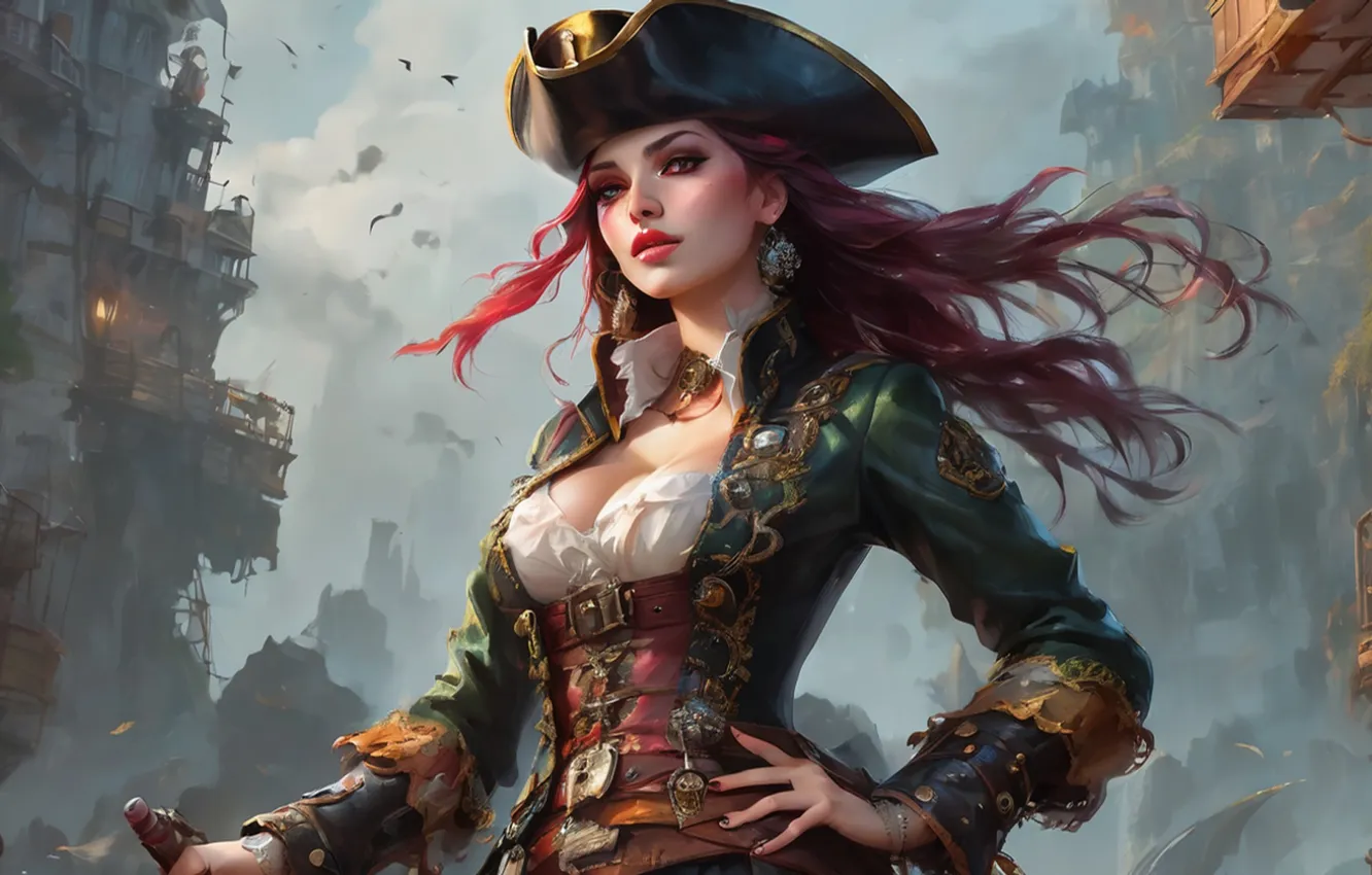 Photo wallpaper girl, fantasy, cleavage, pirate, hat, breast, redhead, digital art