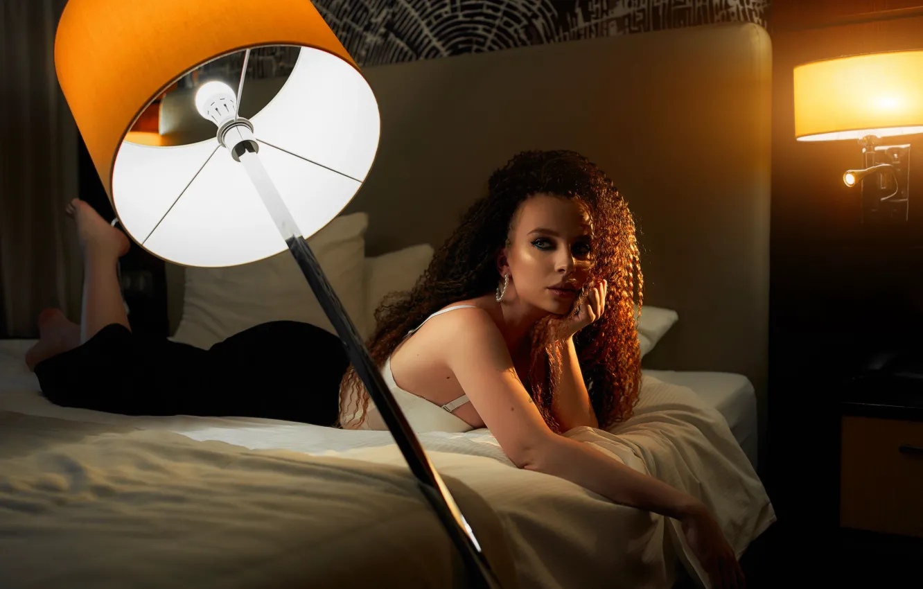 Photo wallpaper girl, room, bed, brown hair, curls, floor lamp, Alexander Skripnikov