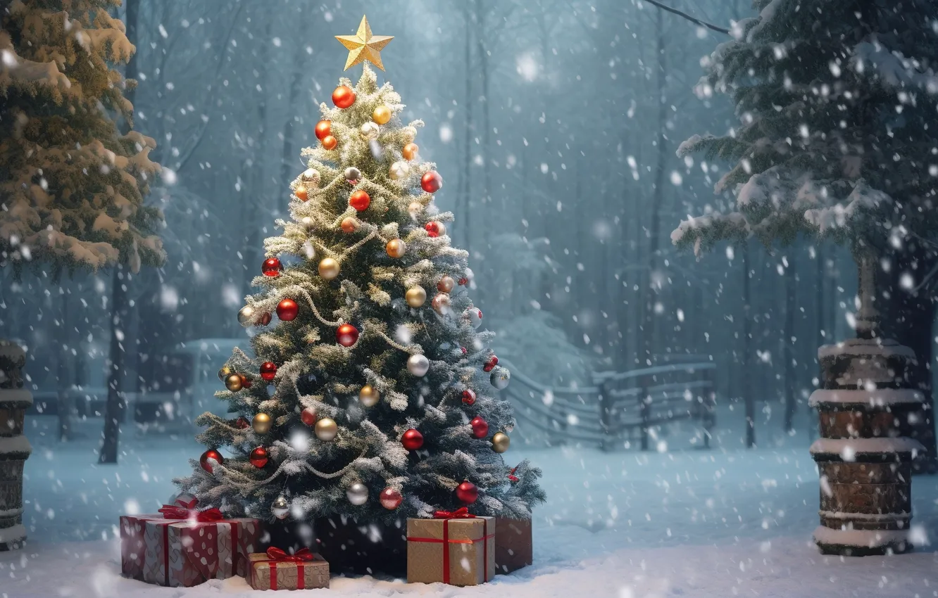 Photo wallpaper winter, snow, decoration, night, gift, tree, new year, Christmas