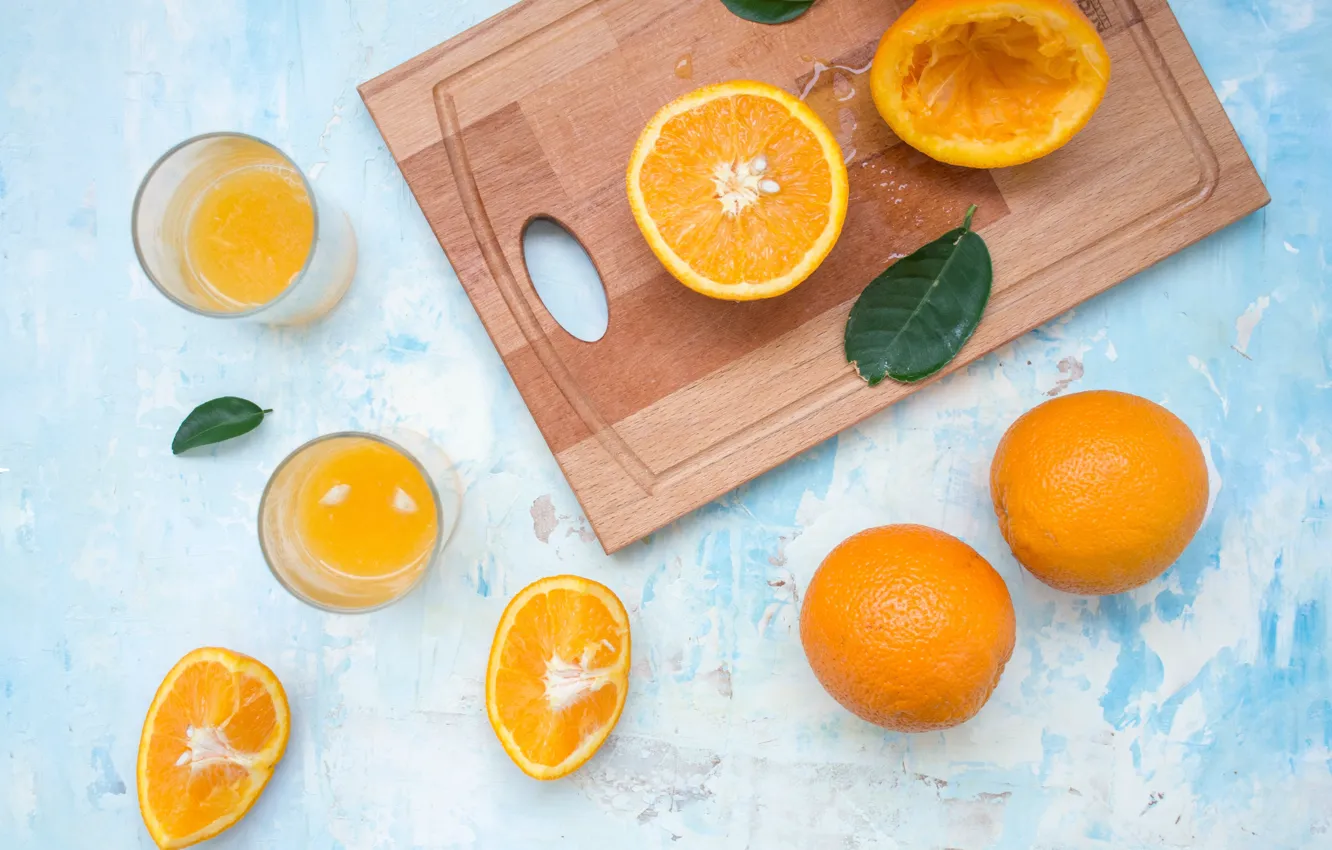 Photo wallpaper glass, orange, food, juice, citrus, fruit, cutting Board