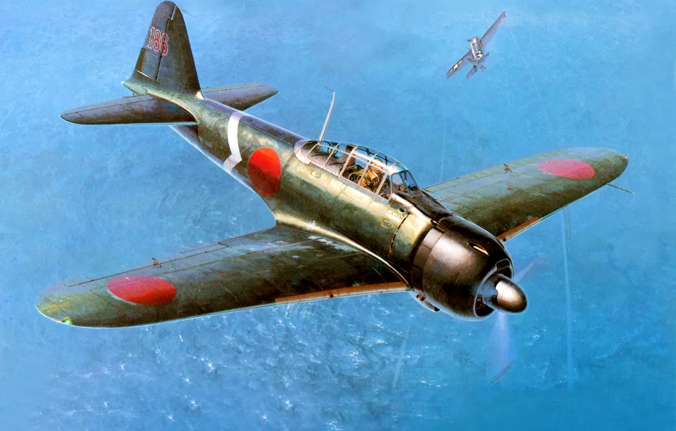 Photo wallpaper figure, art, carrier-based fighter, WW2, Mitsubishi A6M3 22 Reisen (Type 0) японский