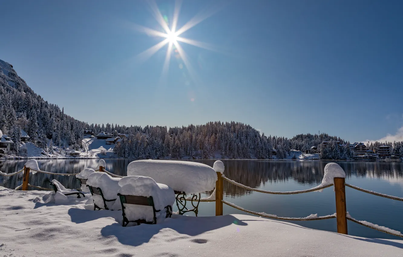 Photo wallpaper photo, The sun, Nature, Winter, The fence, Lake, Austria, Snow