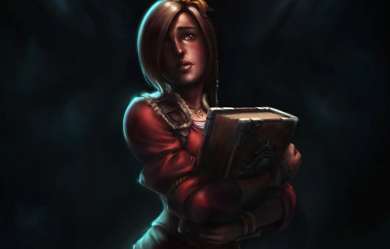 Photo wallpaper look, girl, face, background, hair, hands, art, book