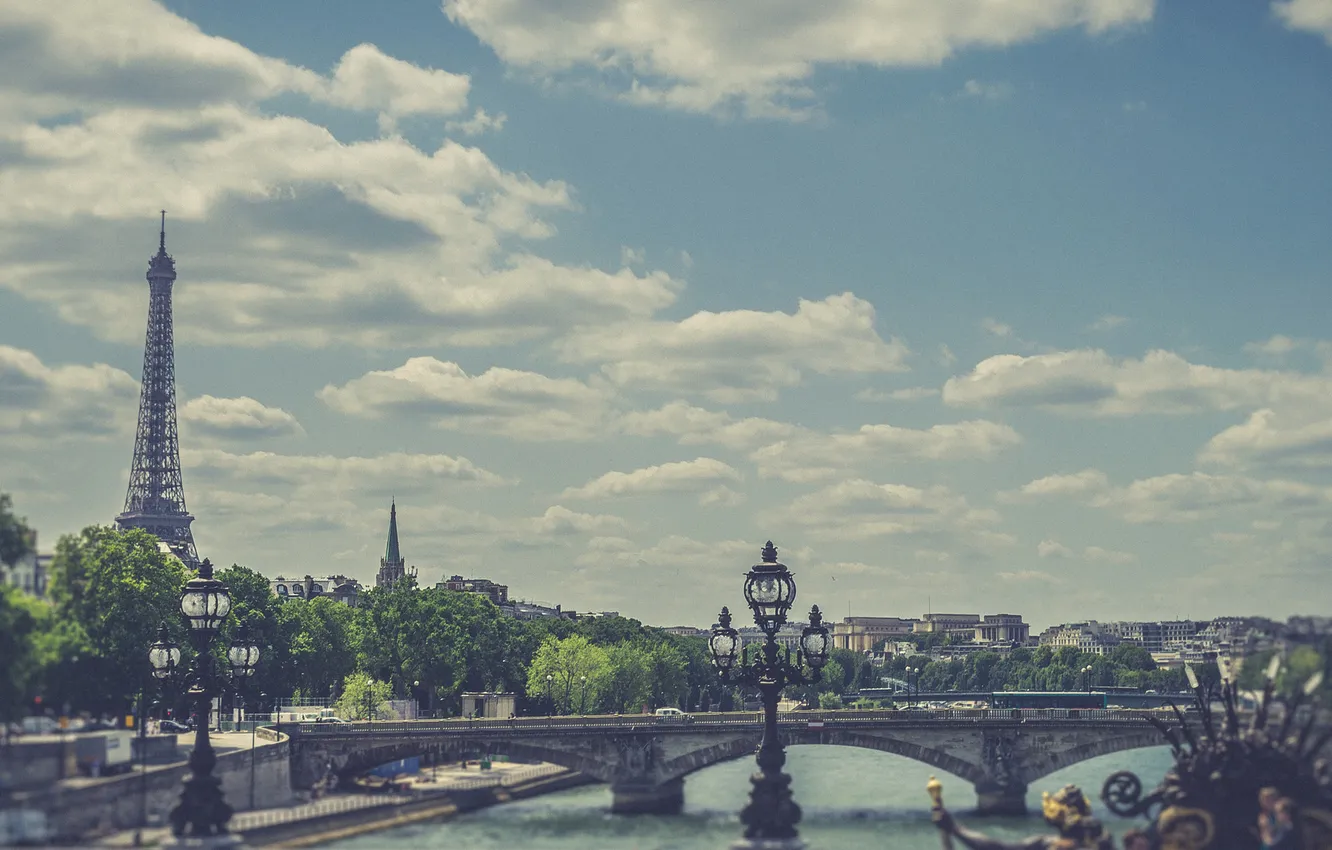 Photo wallpaper the sky, clouds, bridge, France, Paris, hay, Eiffel tower, post lamp