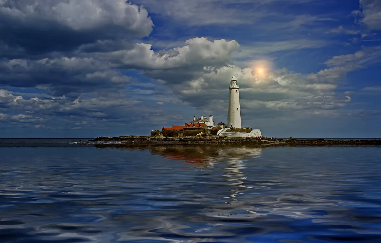 Photo wallpaper sea, the sky, clouds, reflection, lighthouse