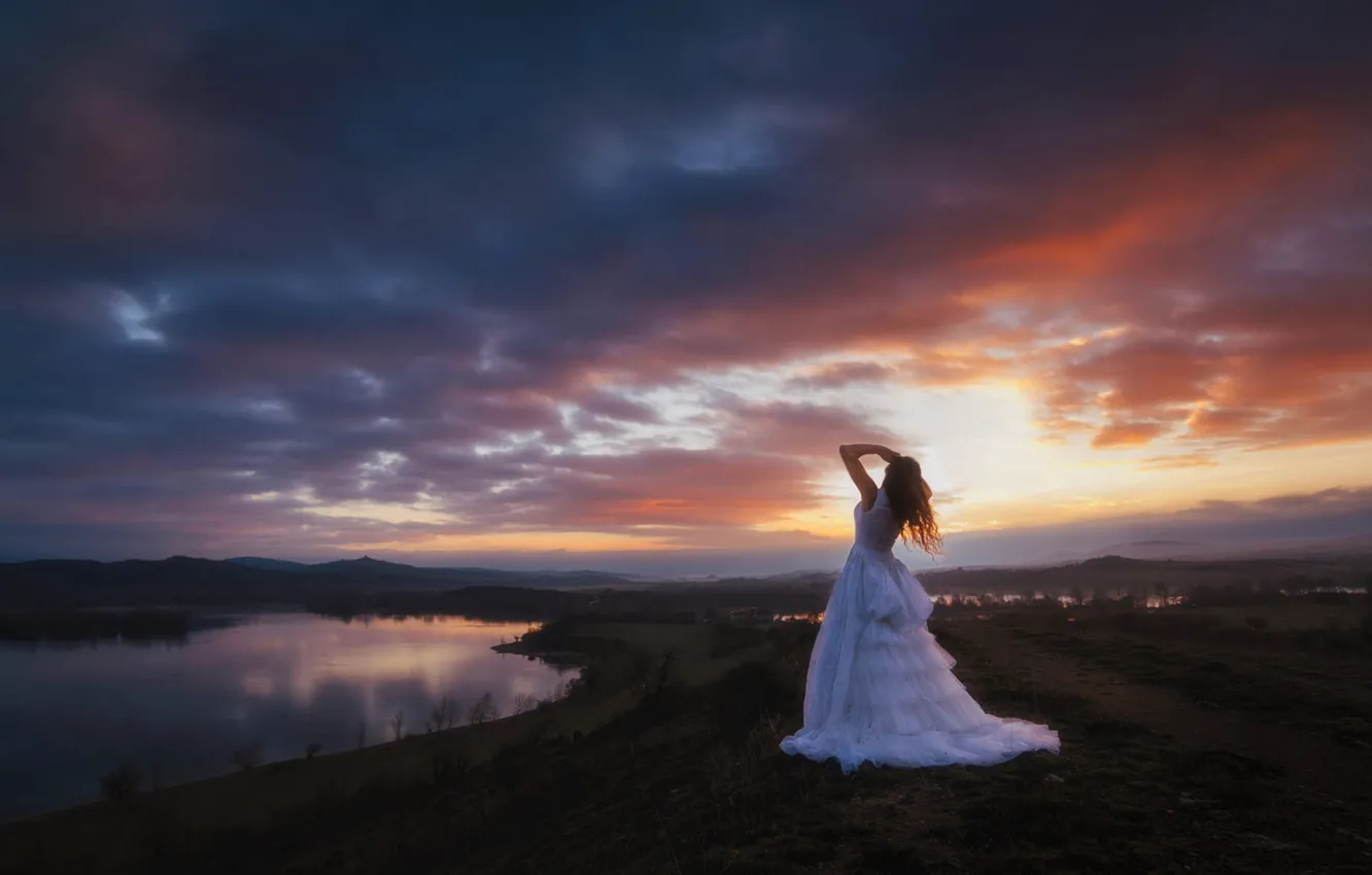 Photo wallpaper white, romance, shore, look into the distance, the evening, haze, girl, dal