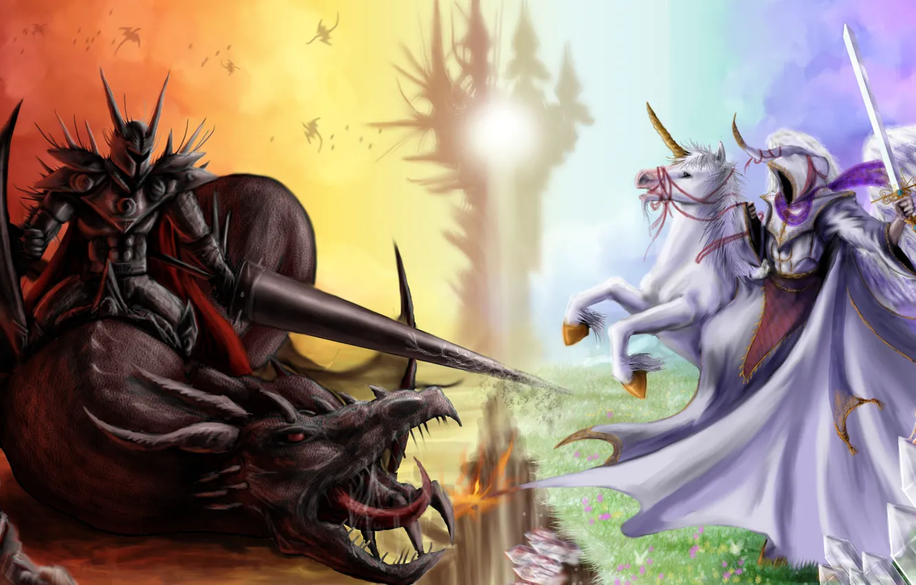 Photo wallpaper fiction, horse, welcome, dragon, angel, sword, armor, the demon