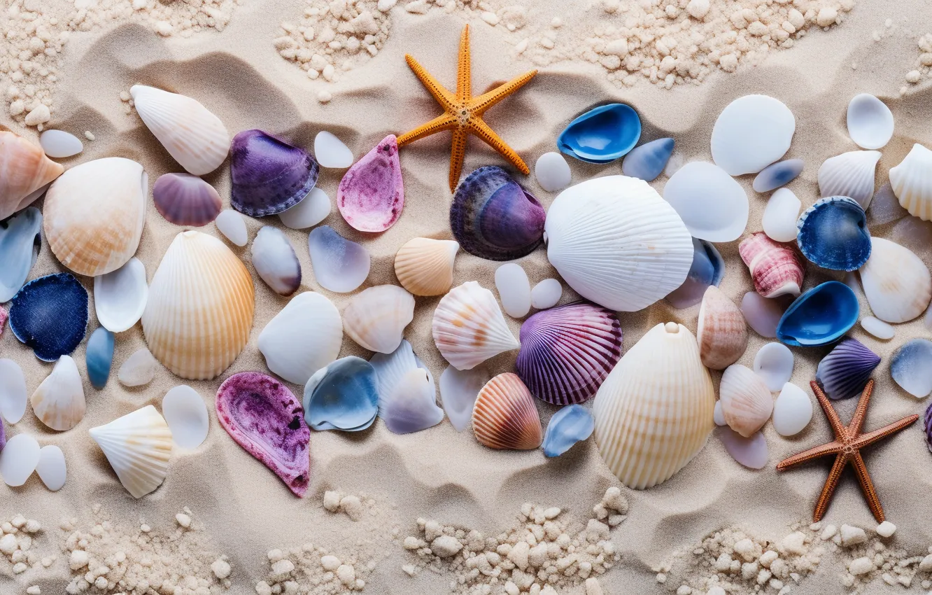 Photo wallpaper sand, shore, shell, starfish, seashells, seashell, AI art, neural network
