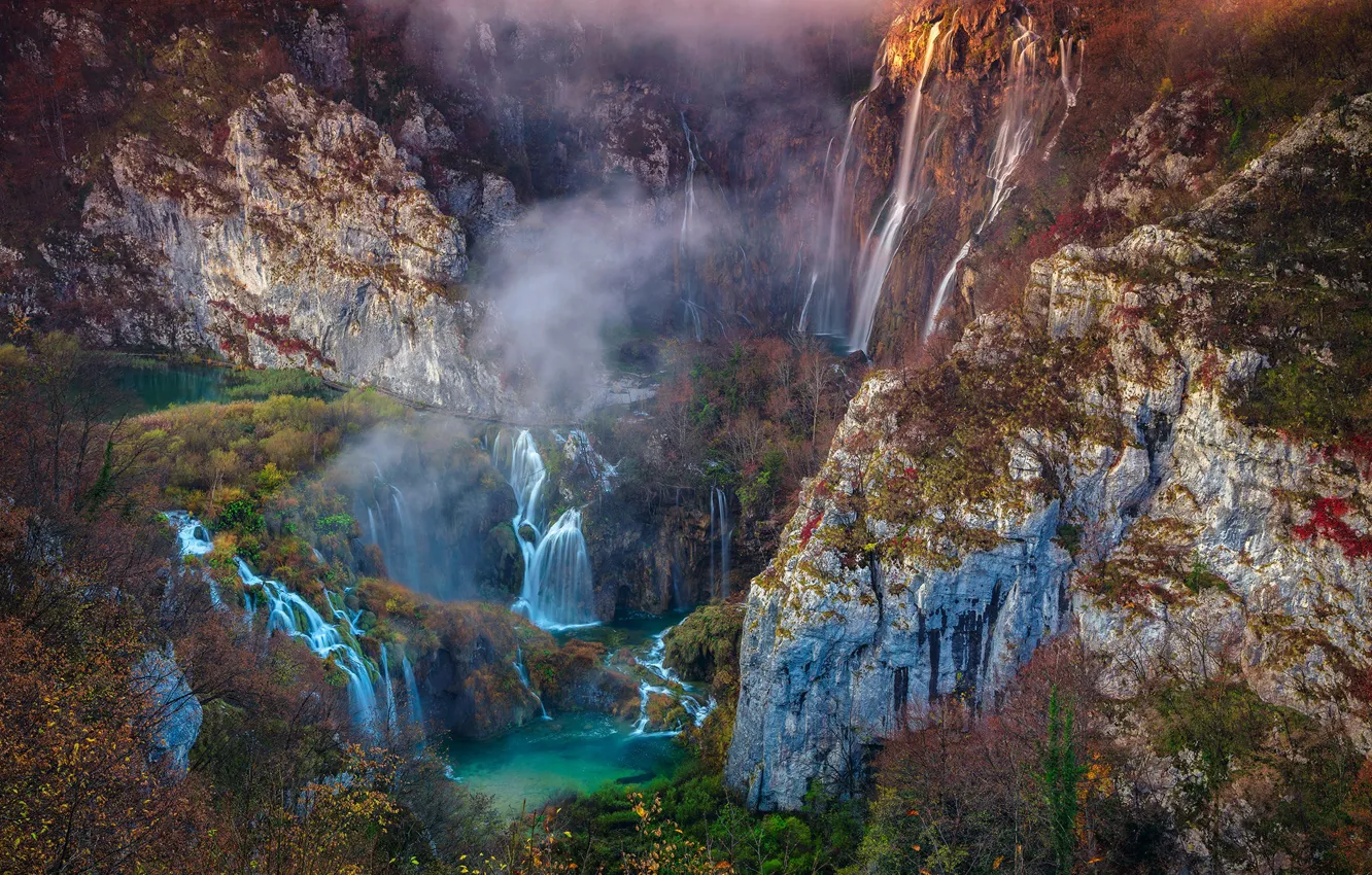 Photo wallpaper forest, trees, mountains, rocks, waterfall, Croatia, National Park Plitvice lakes