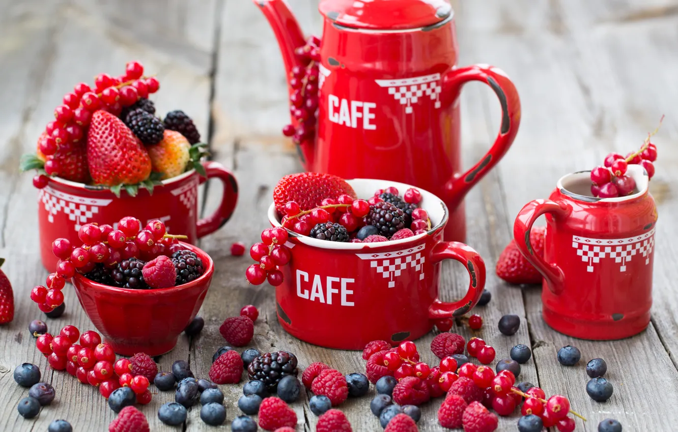 Photo wallpaper berries, raspberry, blueberries, strawberry, dishes, red, currants, BlackBerry