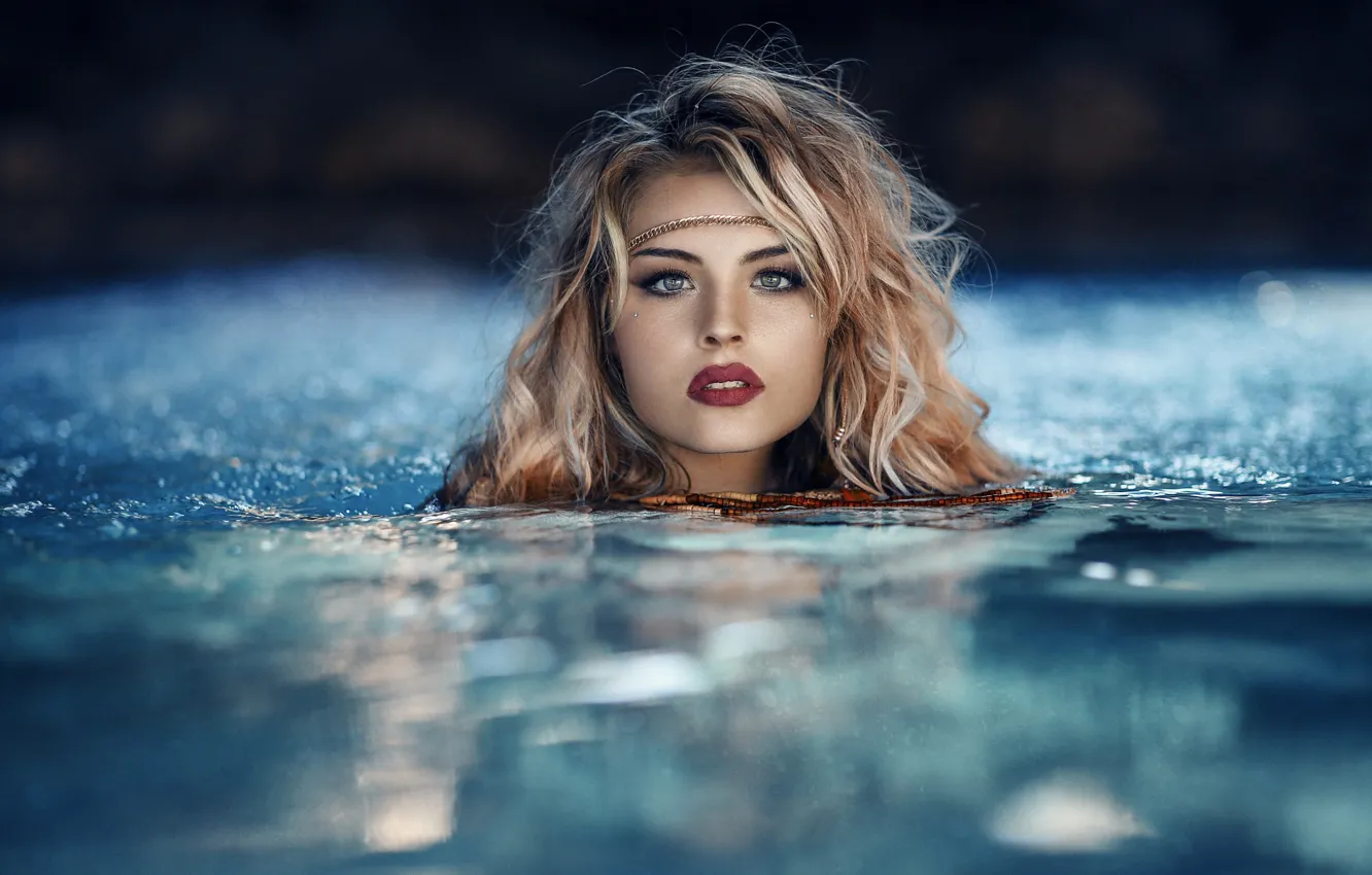 Photo wallpaper girl, Model, water, blue eyes, photos, lips, face, blond