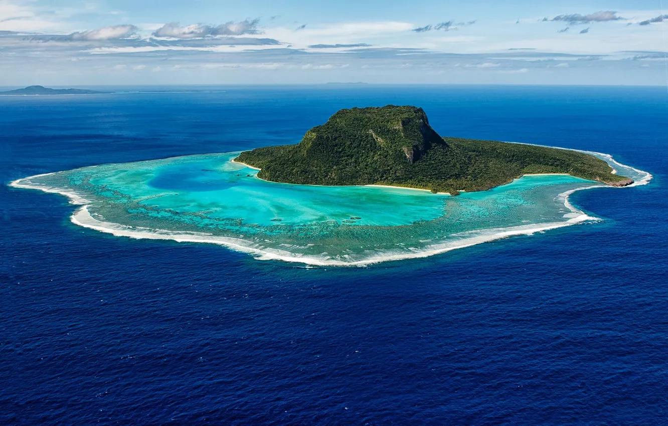 Photo wallpaper the sky, clouds, landscape, nature, the ocean, island, horizon, sky