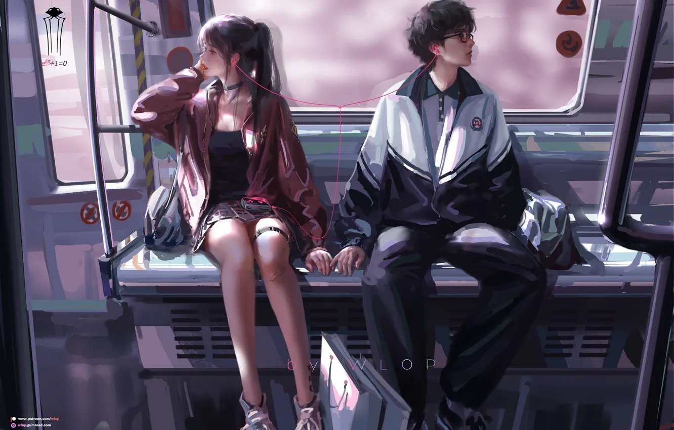 Photo wallpaper girl, train, guy, embarrassment, listen to the music, by wlop