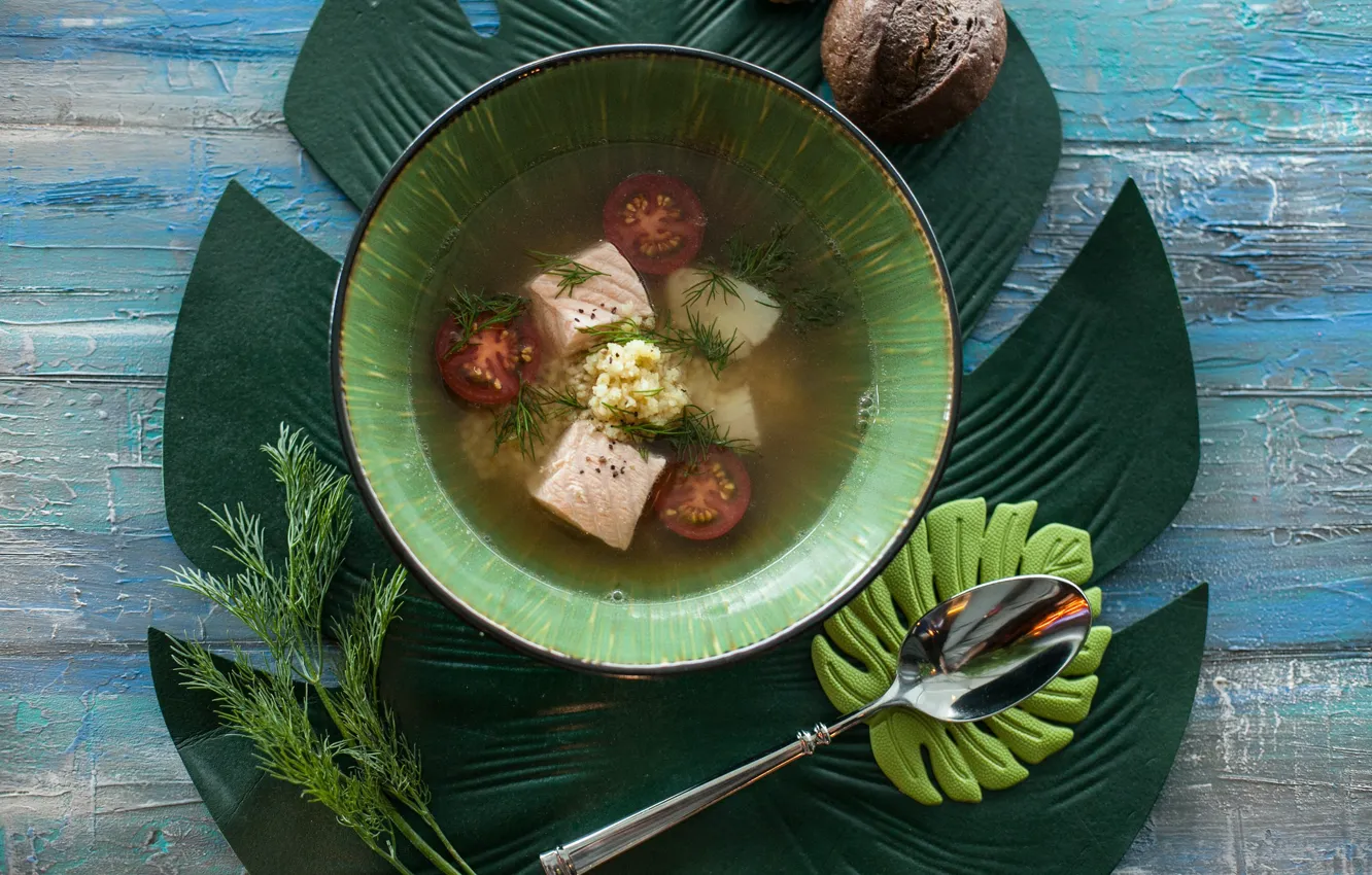 Photo wallpaper leaves, soup, Cutlery, the first dish