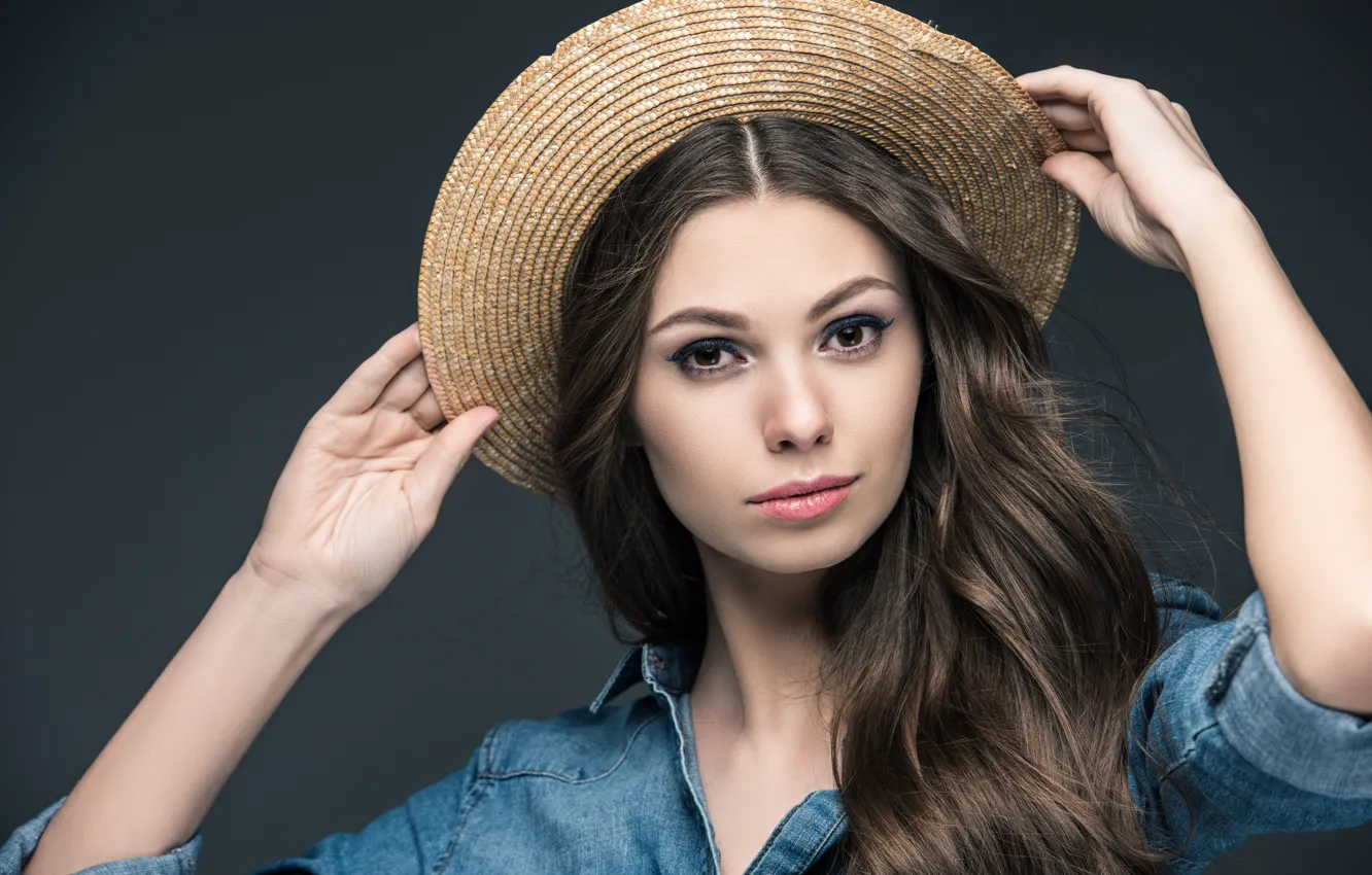 Photo wallpaper look, pose, background, portrait, hat, makeup, hairstyle, shirt