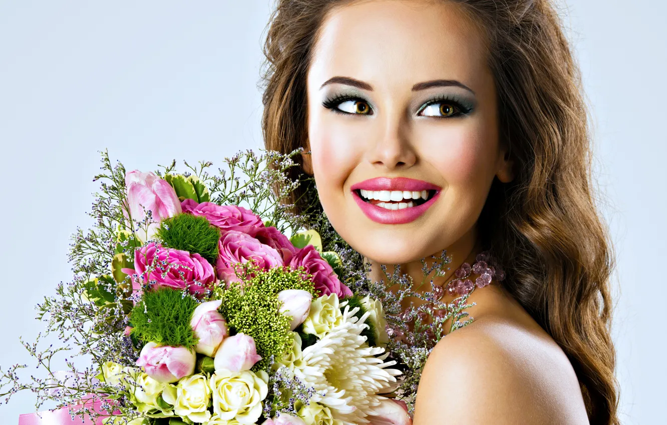 Photo wallpaper flowers, smile, background, portrait, bouquet, makeup, hairstyle, brown hair