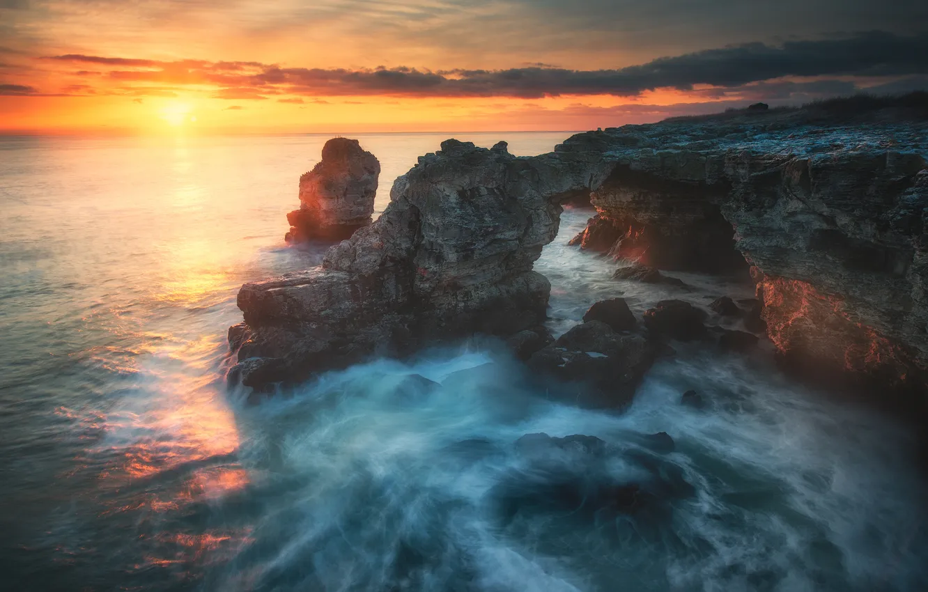 Photo wallpaper sea, sunrise, rocks, dawn, morning, Bulgaria, The black sea, Bulgaria