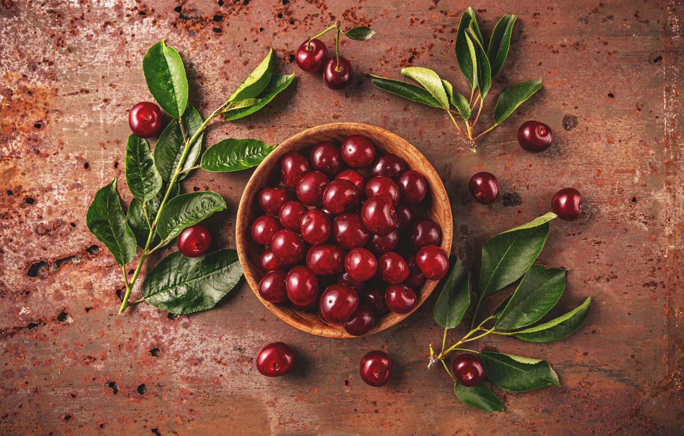 Photo wallpaper leaves, cherry, berries, bowl, cherry