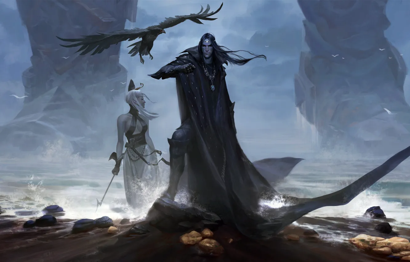 Photo wallpaper girl, fantasy, legs, crow, man, artwork, giant, warrior