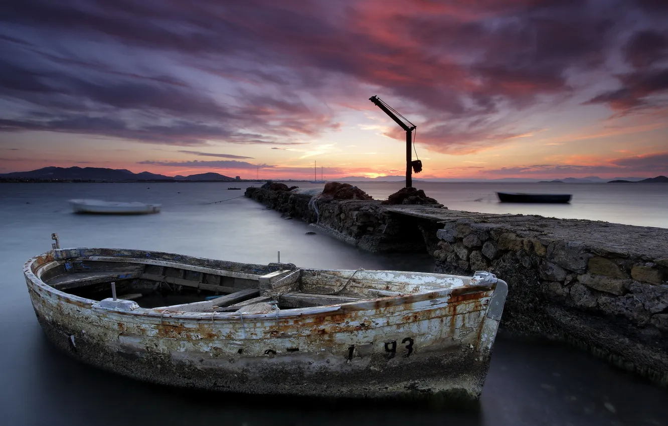 Photo wallpaper sea, landscape, sunset, boat