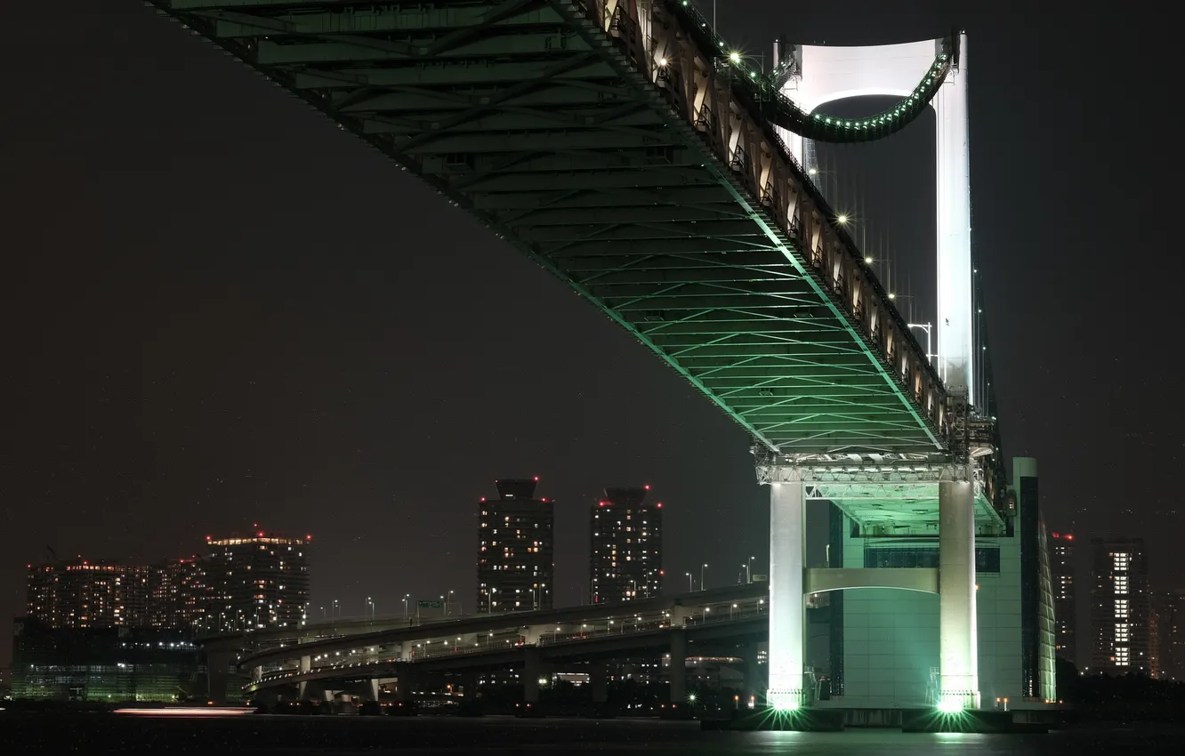 Photo wallpaper bridge, the city, Japan, Tokyo, Bay, Tokyo, Japan, Rainbow Bridge