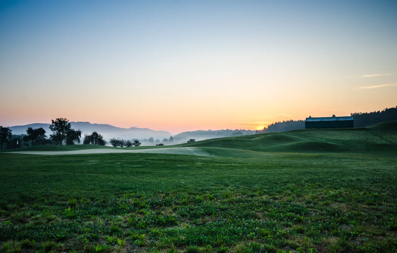 Photo wallpaper fog, morning, Golf course