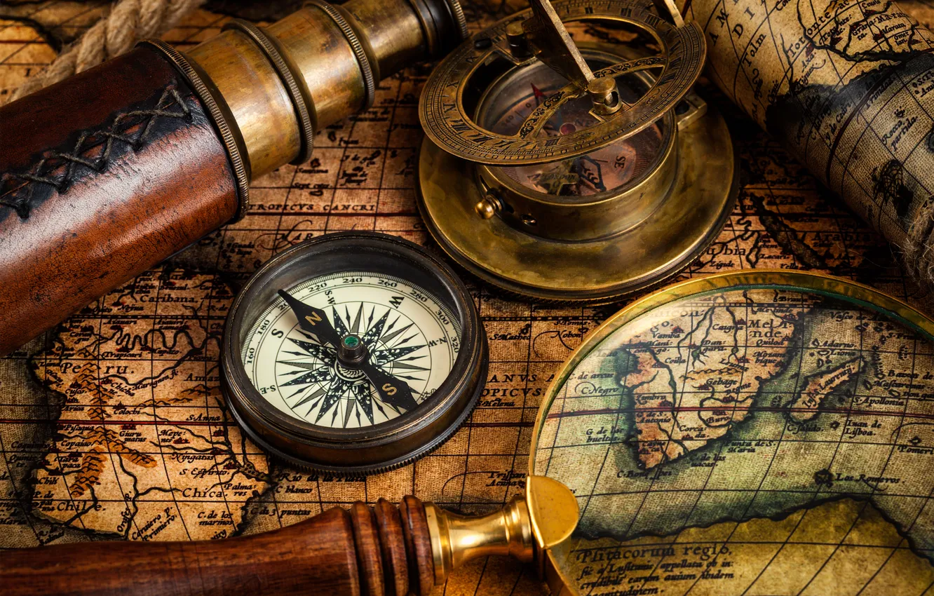 Photo wallpaper map, compass, telescope