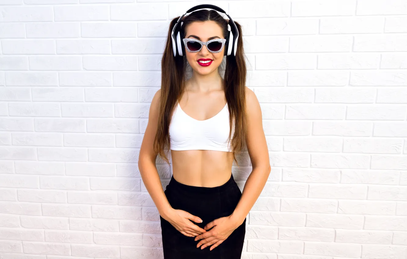 Photo wallpaper girl, headphones, brunette, glasses, braids, cute