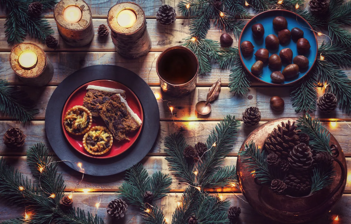 Photo wallpaper style, candles, cookies, garland, bumps, cakes, chestnuts, spruce branches