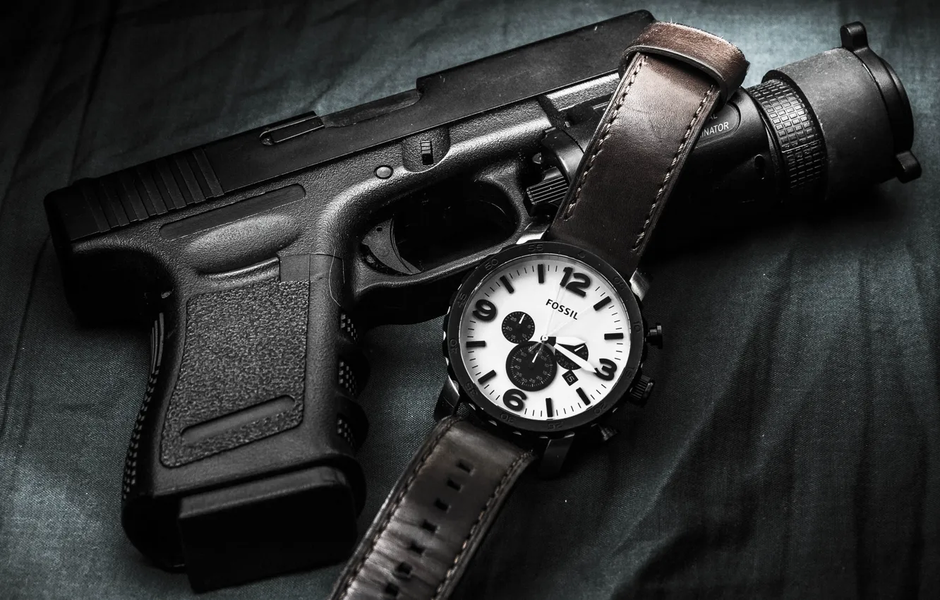 Photo wallpaper gun, weapons, watch, Glock, self-loading