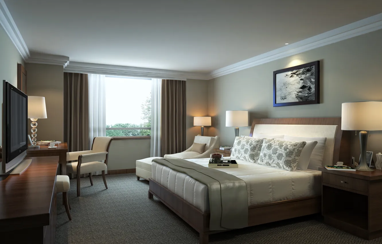 Photo wallpaper table, lamp, bed, picture, TV, window, table, curtains