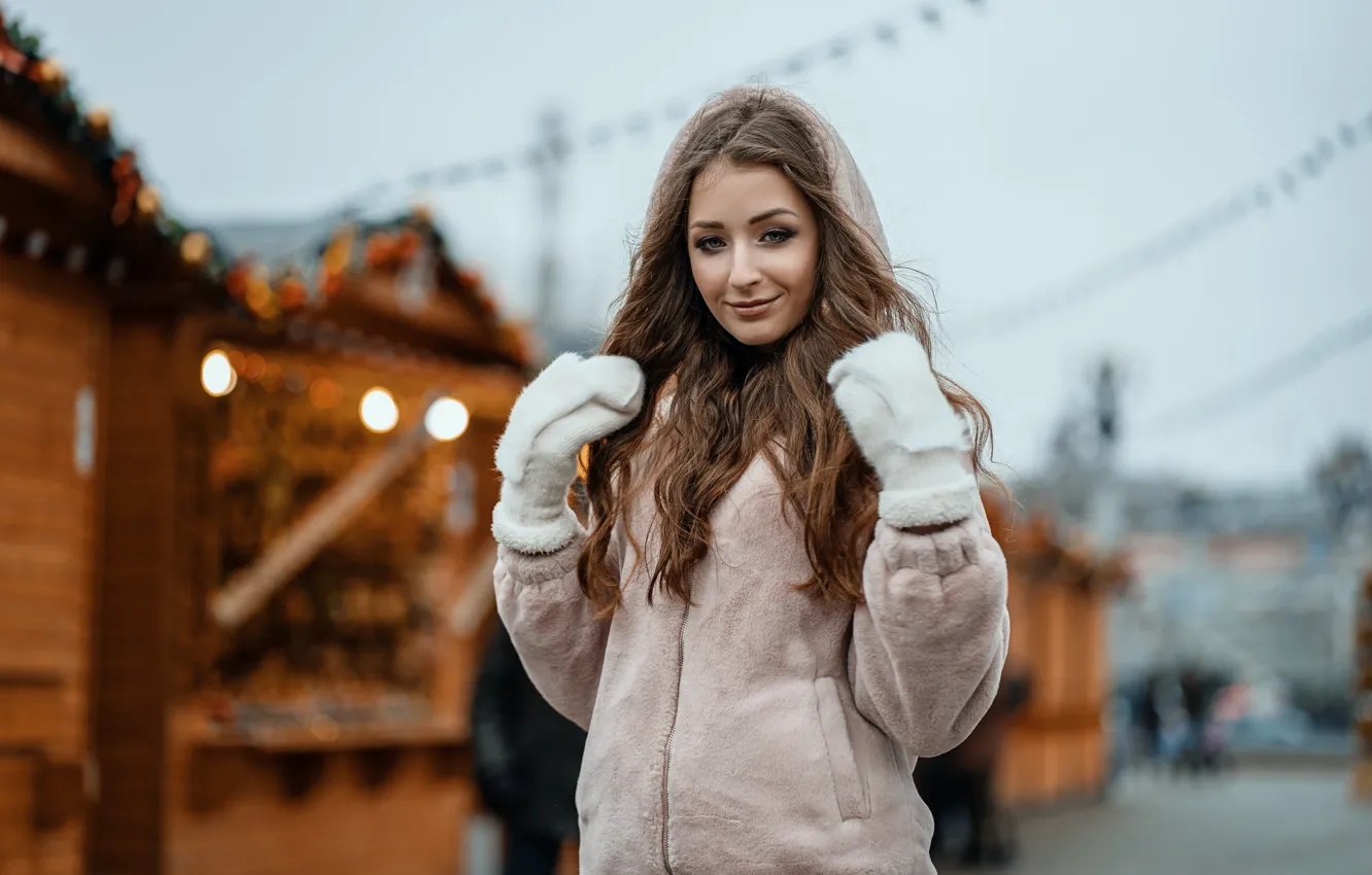 Photo wallpaper look, smile, hair, jacket, brown hair, Sasha, mittens, bokeh