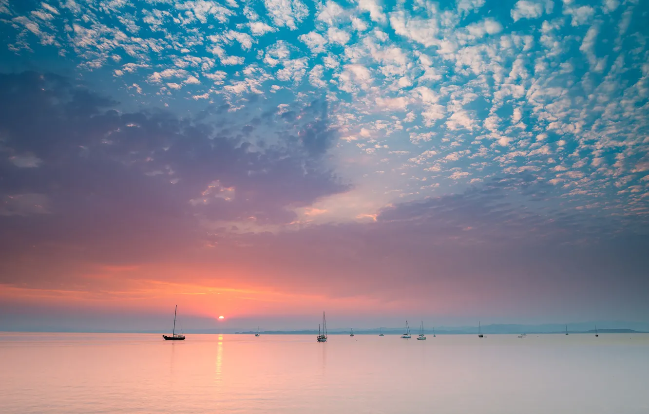 Photo wallpaper sea, the sky, clouds, sunrise, dawn, yachts, CA, California