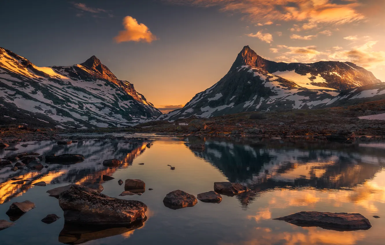 Photo wallpaper mountains, lake, reflection, Norway
