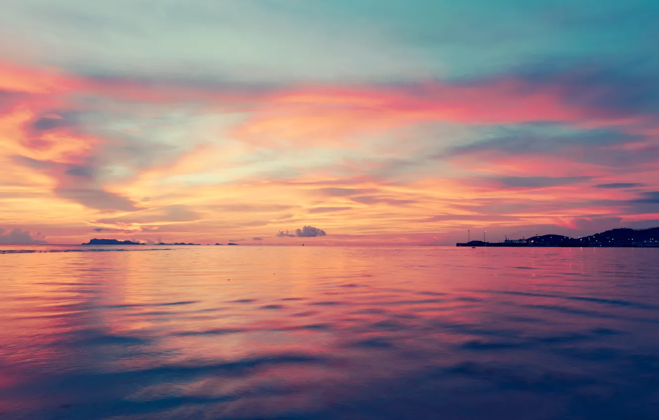 Photo wallpaper sea, beach, the sky, sunset, pink, beach, sky, sea