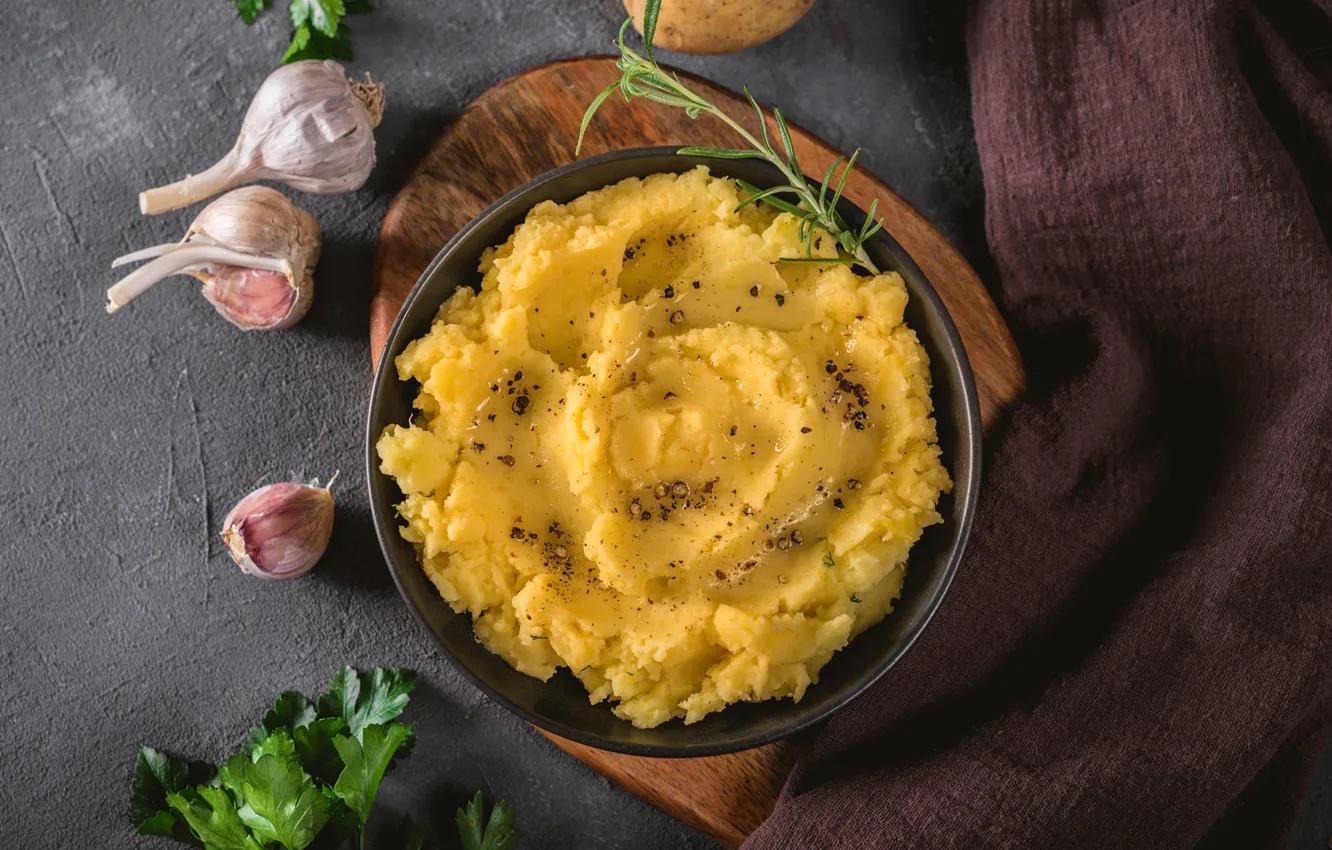 Photo wallpaper table, towel, bowl, parsley, garlic, home, cutting Board, puree