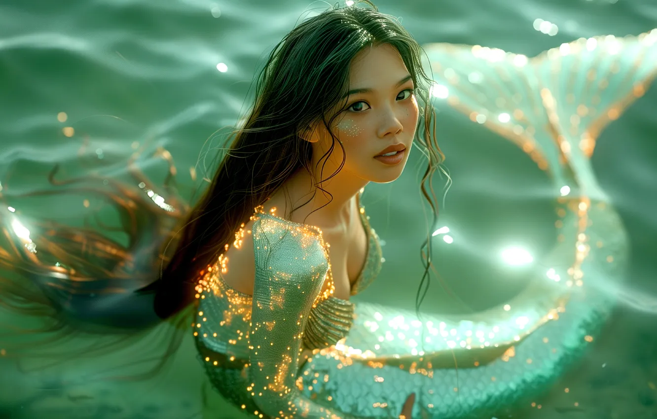 Photo wallpaper look, water, girl, hair, mermaid, tail, digital art, AI art