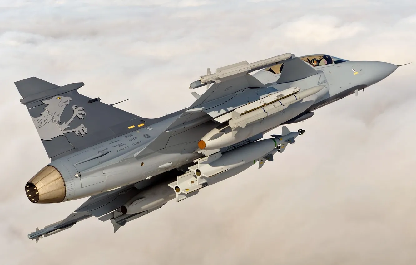 Photo wallpaper the sky, clouds, the plane, height, fighter, You can, Gripen, JAS