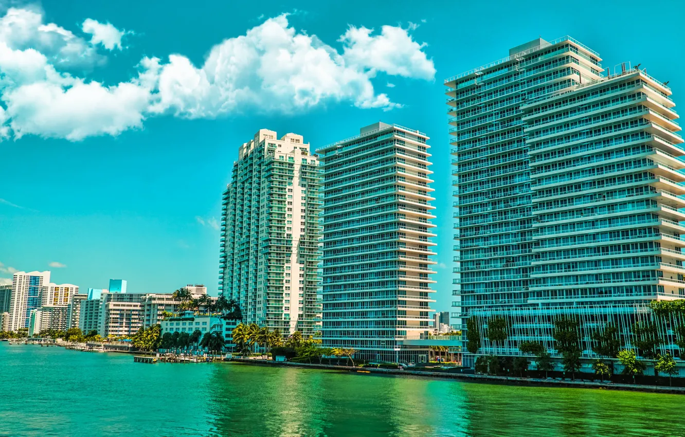 Photo wallpaper the sky, the sun, clouds, palm trees, coast, building, home, Miami