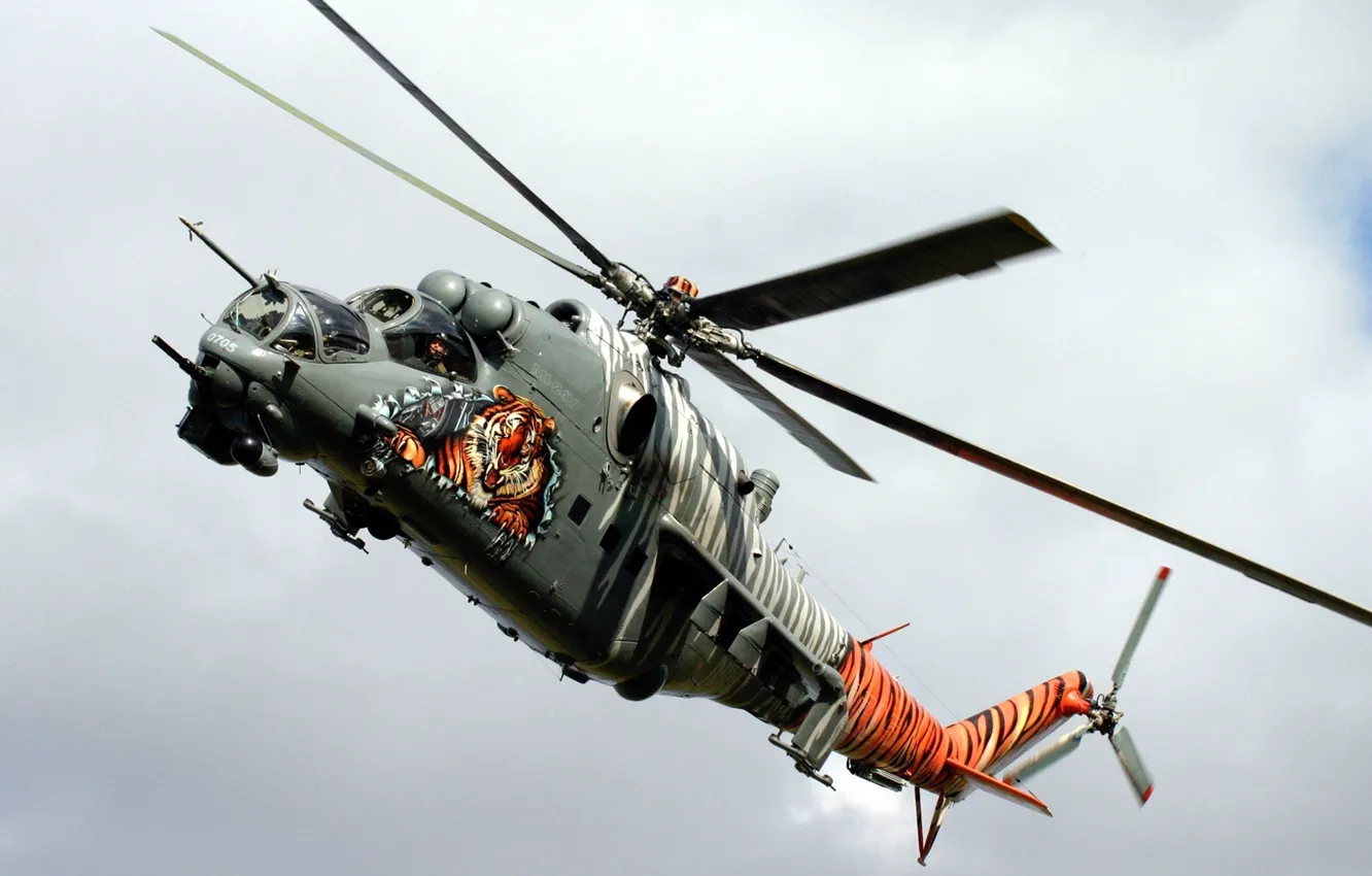 Photo wallpaper the sky, flight, tiger, color, pilot, helicopter, blades