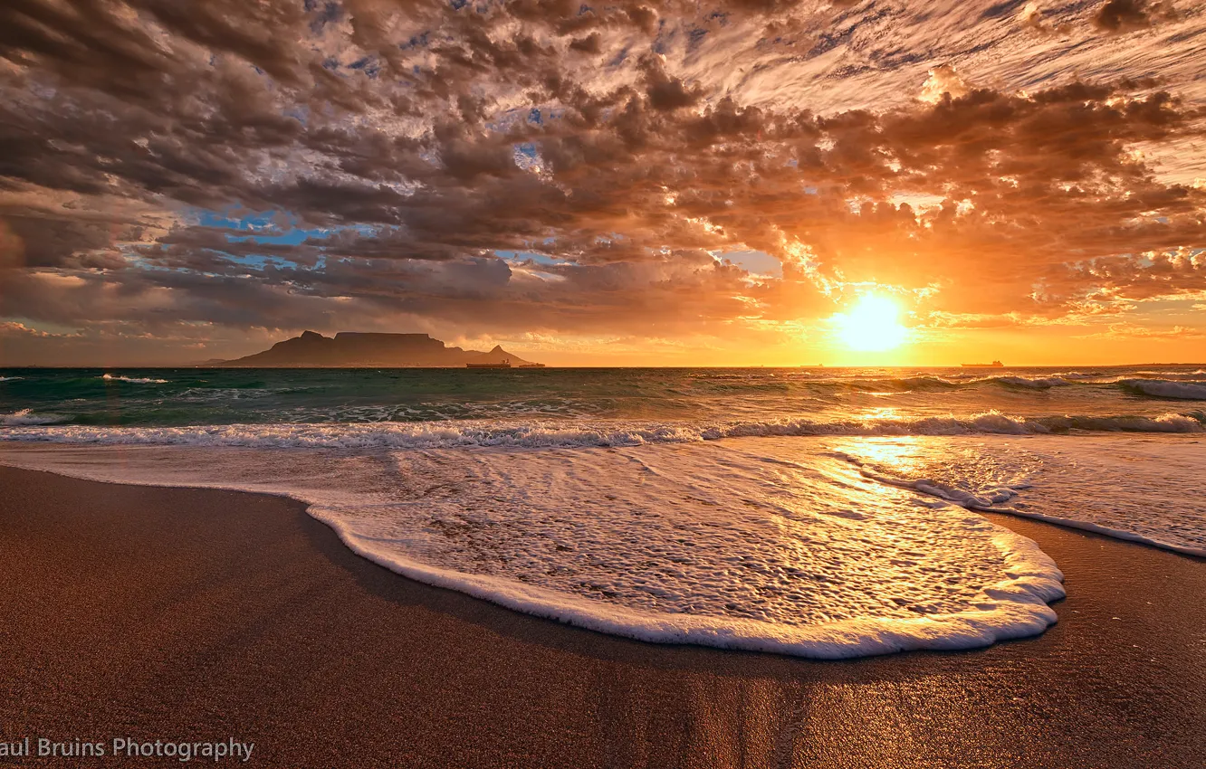 Photo wallpaper beach, the sky, foam, the sun, clouds, sunset, the ocean, the evening