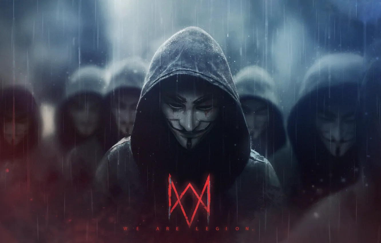 Photo wallpaper rain, art, people, Anonymous, mask, Concept Art, Watch Dogs, legion