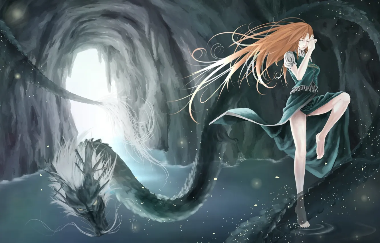 Photo wallpaper water, girl, art, cave, legs, long-haired, sea snakes