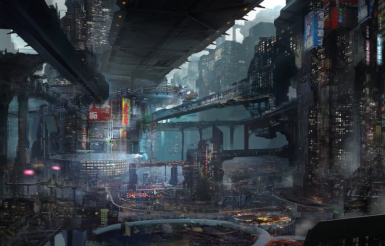 Photo wallpaper night, the city, lights, transport, art, megapolis