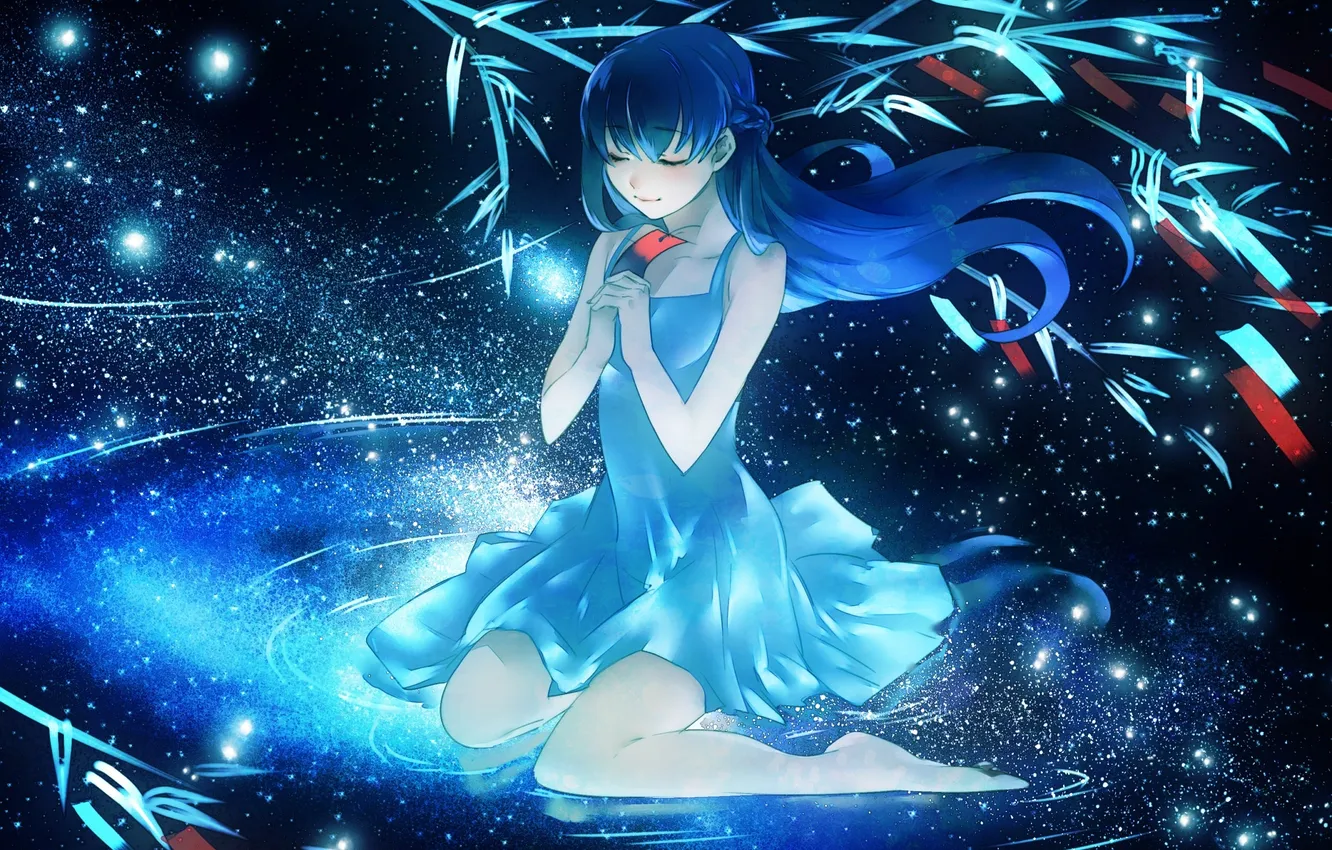 Photo wallpaper leaves, water, girl, stars, reflection, branch, anime, art