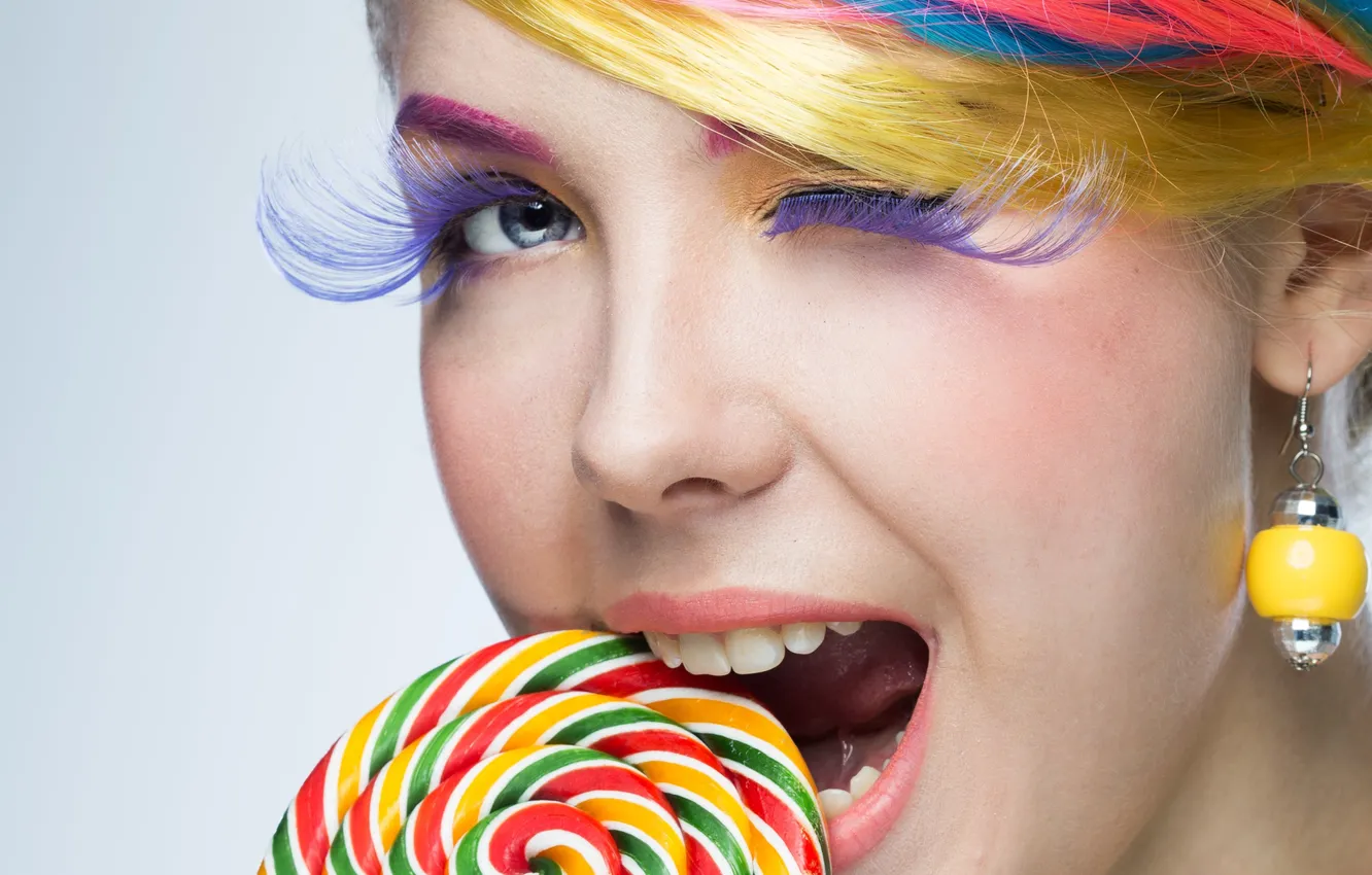 Photo wallpaper look, girl, eyelashes, mood, hair, earrings, makeup, lollipops